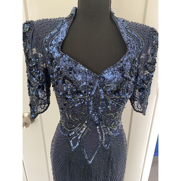 Vtg Alyce Flapper Art Deco 100% silk Navy beaded Pageant gown, Open Back Size 4 - Picture 2 of 12